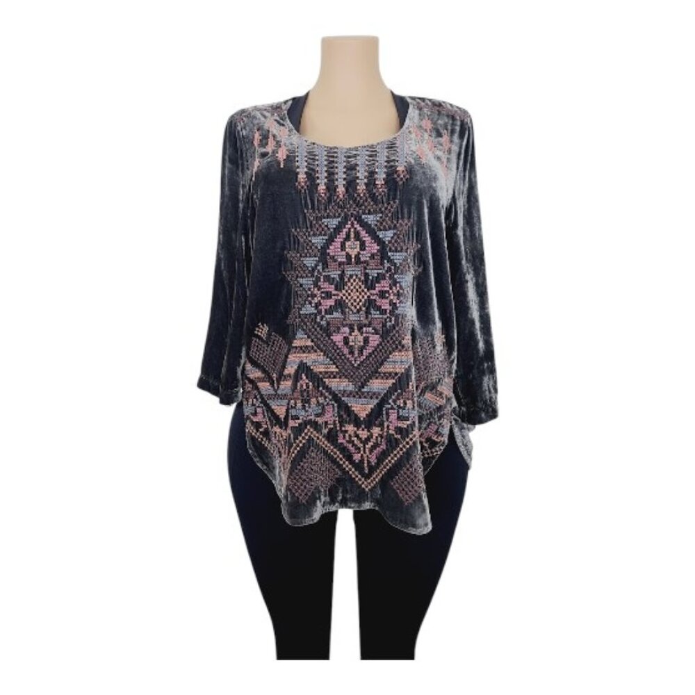 Johnny Was Women's Black Grey Crushed Velvet Scoop Long Sleeve Blouse Top Size M